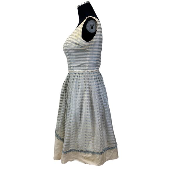 1950s Ice Blue Organza Party Dress with Appliqué – Sheer Stripe Full Skirt AS-IS - Picture 5 of 16